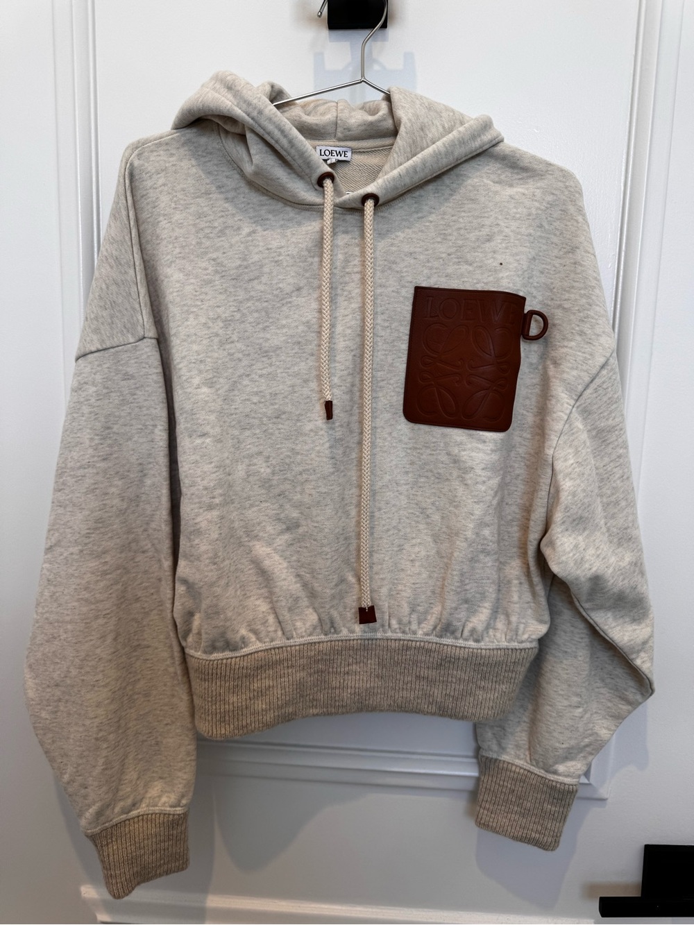 Loewe Cream oatmeal colored Hoodie with Brown Leather Pocket